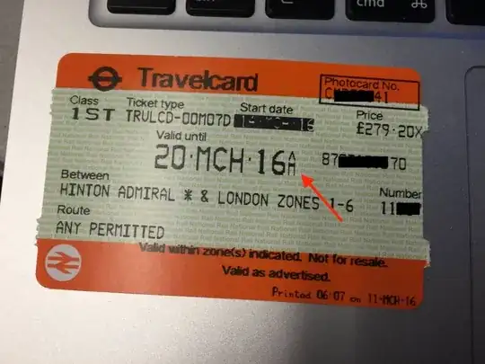 Picture of a British rail season ticket with the curious letter highlighted