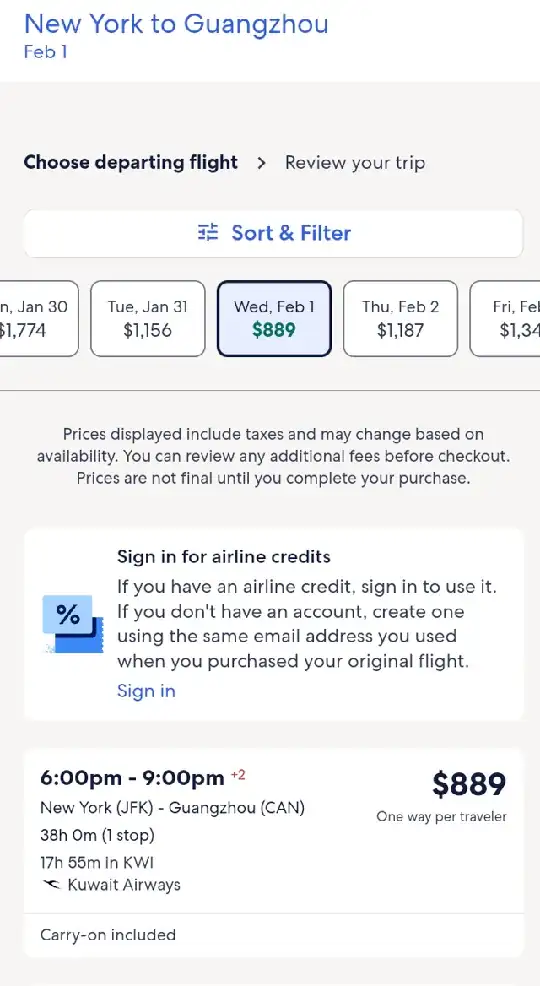 Screenshot: New York to Guangzhou Feb 1. Choose departing flight > Review your trip. Multiple options, Wed Feb 1 for $889 is selected. Details of the selected option are show below that: 6:00pm - 9:00 pm (+2), New York (JFK) to Guangzhou (CAN), 38h 0m (1 stop), 17h 55m in KWI, Kuwait Airways, $889