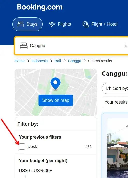 Booking.com filter for desks