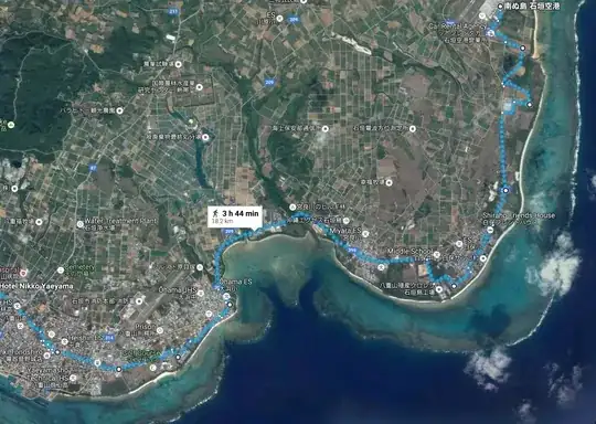 Ishigaki airport to city by foot or bicycle, map