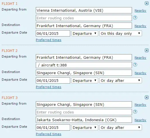 ITA Matrix search for VIE-FRA-SIN-CGK flights, with FRA-SIN on an Airbus 380