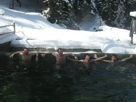 Snowy winter photo of outdoor hotspring bath at Borjomi, Georgia
