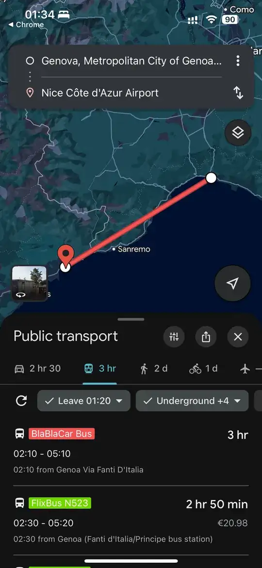 Search result for a public transport trip between Genova, Metropolitan City of Genoa and Nice Côte d'Azur Airport, leaving at 01:20. The top result shows a BlaBlaCar Bus service. The map shows a straight line between Genoa and Nice.