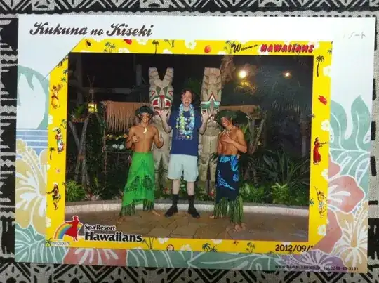 Photo of me with two fire dancers. I'm a lot taller than them, but partially that's because I had shoes on. I'm wearing a tshirt I bought in Hawaii, and wearing a lei supplied for the photo