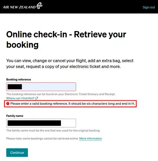 Screenshot of Air New Zealand online check in page
