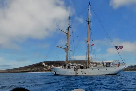 The SSV Robert C. Seamans of SEA Semester program at Hunga Tonga-Hunga Ha’apai in October, 2018. Credit: Dan Slayback