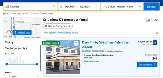 Screenshot of Booking.com search results showing "Breakfast included" mentioned twice