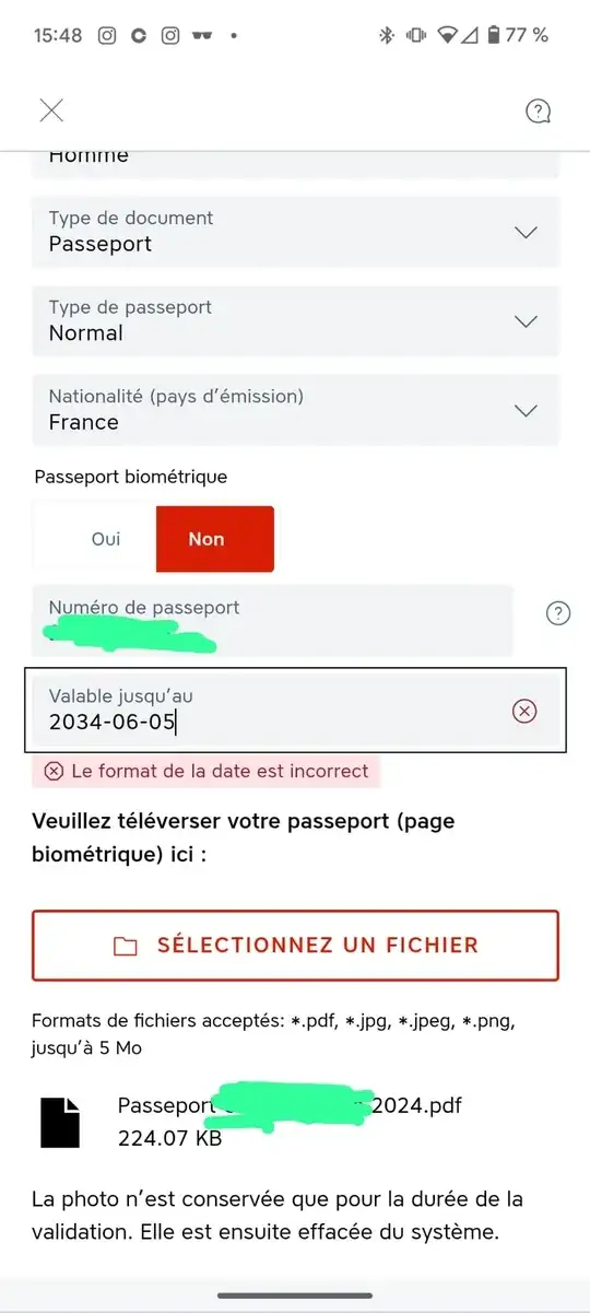 Passport upload page on Austrian app