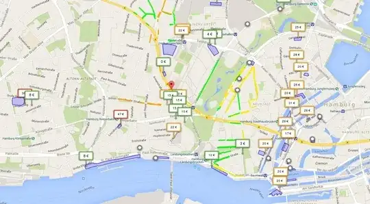 Parkopedia marks plenty of parking spots around St. Pauli, Hamburg, with costs ranging from 0 to 37 EUR per 24h.