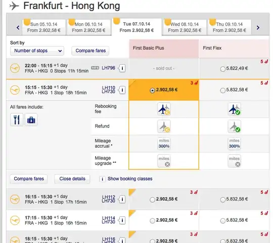 Screenshot of flight booking prices