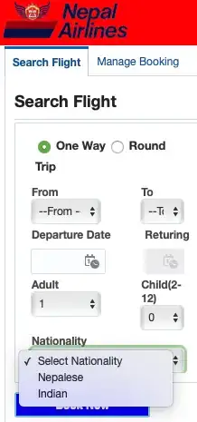 picture with booking page for Nepal Airlines showing only the nationality options of Nepalese or Indian