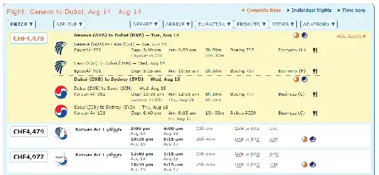Results from ITA Matrix mixed class itinerary search
