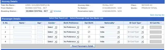Premium Tatkal booking screen