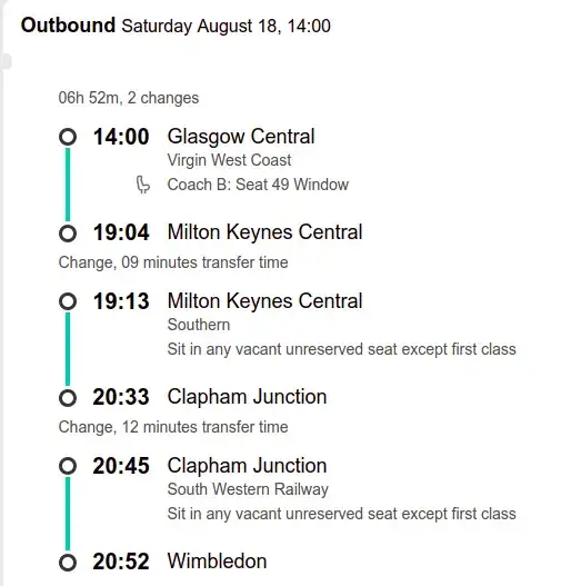 train connection in confirmation email shows glasgow to milton keynes to clapham junction to wimbledon