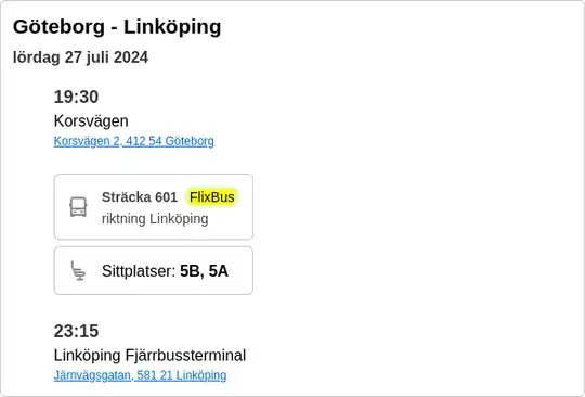 Screenshot showing the itinerary