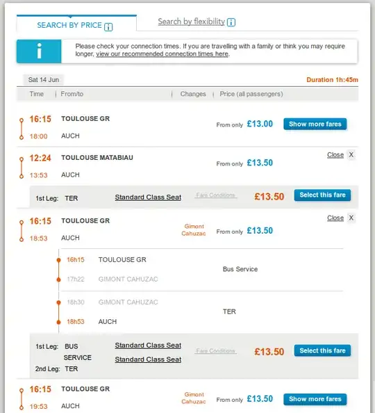 SNCF Booking page with buses and trains