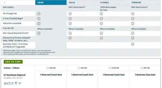 amtrak website screenshot of fare tiers