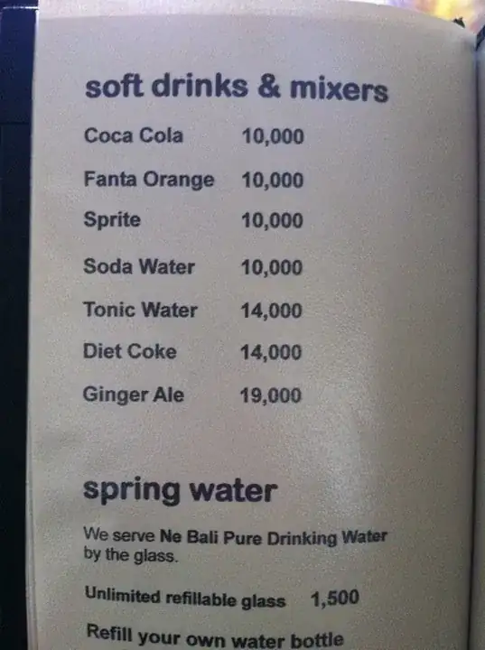 Menu of soft drink prices