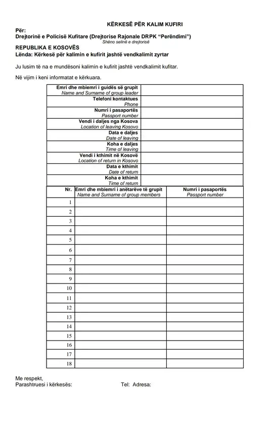 The Kosovan application form for a permit to cross the border away from official checkpoints