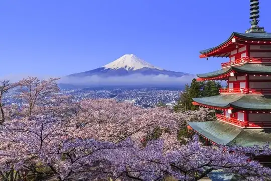 view of Mount Fuji with a tower in the foreground