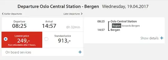 Oslo to Bergen timetable extract