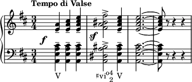 {
\new PianoStaff <<
\new Staff <<
\relative c' {
\tempo "Tempo di Valse"
\key d \major \time 3/4
\override DynamicText.X-offset = #-4
\once \override DynamicLineSpanner.staff-padding = #3
<e a>4--\f <e a cis>-- <e a cis e>-- <fis a bis fis'>2->\sf <e a cis e>4-- <e a cis e>2.~ <e a cis e>8 r r4 r
}
>>
\new Staff <<
\new Voice \relative c {
\clef F \key d \major \time 3/4
<a e' a cis>4--_\markup { \concat { "V" \hspace #10 "♯vi" \raise #1 \small "o" \combine \raise #1 \small 4 \lower #1 \small 2 \hspace #1 "V" } } <a e' a cis>-- <a e' a cis>-- <a dis a' bis>2-> <a e' a cis>4-- <a e' a cis>2.~ <a e' a cis>8 r r4 r
}
>>
>> }
