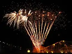 Exploding fireworks against a night sky with an illuminated wooden roller coaster in the background