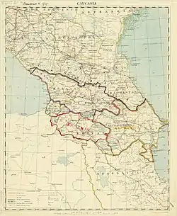 A 1918 map of the Caucasus by the British Army. The highlighted sections show the successor states of the TDFR, which claimed roughly the same territory.