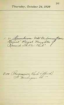 The page from Mayor Jackson's appointment book on "Black Thursday" of Wall Street Crash of 1929 at the start of the Great Depression.