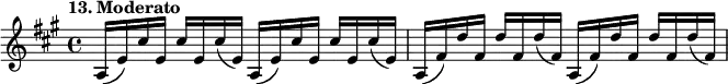 %etude13
\relative a
{
\set Staff.midiInstrument = #"violin"
\time 4/4
\tempo "13. Moderato"
\key a \major
a16 (e') cis' e, cis' e, cis' (e,) a,16 (e') cis' e, cis' e, cis' (e,) | a, (fis') d' fis, d' fis, d' (fis,) a, (fis') d' fis, d' fis, d' (fis,)
}