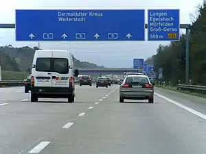 An autobahn with 4 lanes in each direction of travel for 21&nbsp;km (13&nbsp;mi). The section between Zeppelinheim and Darmstadt is the oldest Autobahn.