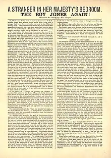 Undated news sheet describing the incident. The headline reads "A Stranger in her majesty's bedroom. The Boy Jones again!"