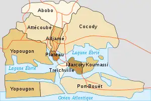 Map of the 10 communes which formed the former City of Abidjan (422&nbsp;km2), now included in the larger Autonomous District of Abidjan (2119&nbsp;km2)