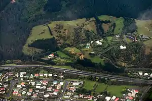 Linden, looking east across the motorway. Arthur Carman Park is at the lower right.