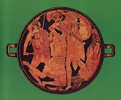 Achilles killing Penthesilea, tondo of an Attic red-figure kylix, c. 465 BC, from Vulci.