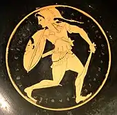 An Amazon with her shield bearing the Gorgon head image. Tondo of an Attic red-figure kylix, 510–500&nbsp;BC