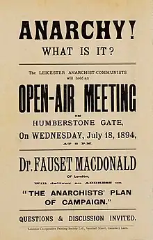 Poster advertising a talk by MacDonald in Leicester in 1894