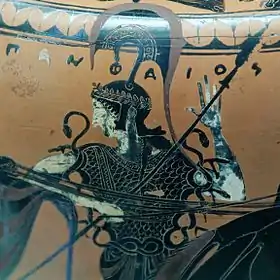 Attic black-figured hydria depicting Athena wearing the aegis.Signed by the potter Pamphaios and the Euphiletos Painter c. 540 BC. Cabinet des Médailles, BNF, Paris