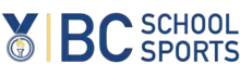 BC School Sports Logo (Description: The horizontal text "BC School Sports" beside a dark blue medal with a yellow torch in the middle)