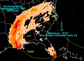 Filled contoured map showing areas of North America; each contour represents a change of 3 in (75 mm) in precipitation totals.