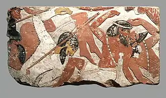 Egyptian relief depicting a battle against West Asiatics. Reign of Amenhotep II, Eighteenth Dynasty, c. 1427–1400 BCE