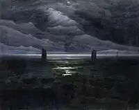 Seashore by Moonlight (1835–1836). 134 × 169&nbsp;cm. Kunsthalle, Hamburg. His final "black painting", it is described by William Vaughan as the "darkest of all his shorelines."