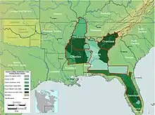 Map of the southern United States showing in dark green areas ceded by Indians.Clark & Guice 1996, pp.&nbsp;233–243; Mahon 1962, pp.&nbsp;350–354.