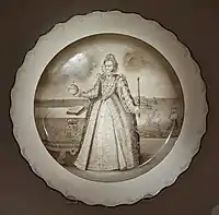 Charger with Elizabeth I of England, c. 1775, earthenware. The plate shape is the same as the previous image.