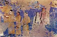 Afrasyab Chinese Embassy (left),  carrying silk and a string of silkworm cocoons, and Turkish delegates (right), recognizable by their long plaits.