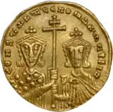 Gold solidus depicting Constantine VII with Romanos&nbsp;II, 945–959.