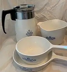 CorningWare coffee percolator, vessel, saucepan, and skillet
