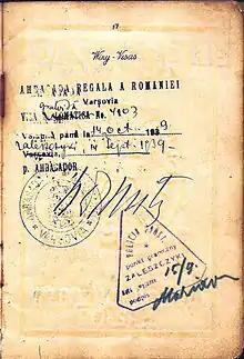 Crossing the border at Zaleszczyki into Romania on  15 September 1939, 2 days before the Soviet invasion from the east - passport.