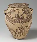Decorated ware jar illustrating boats and trees; 3650–3500&nbsp;BC; painted pottery; height: 16.2&nbsp;cm, diameter: 12.9&nbsp;cm; Metropolitan Museum of Art (New York City)