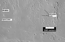 The group of lines running up and down in the image are believed to be deformation bands.  They can be thought of as small faults.